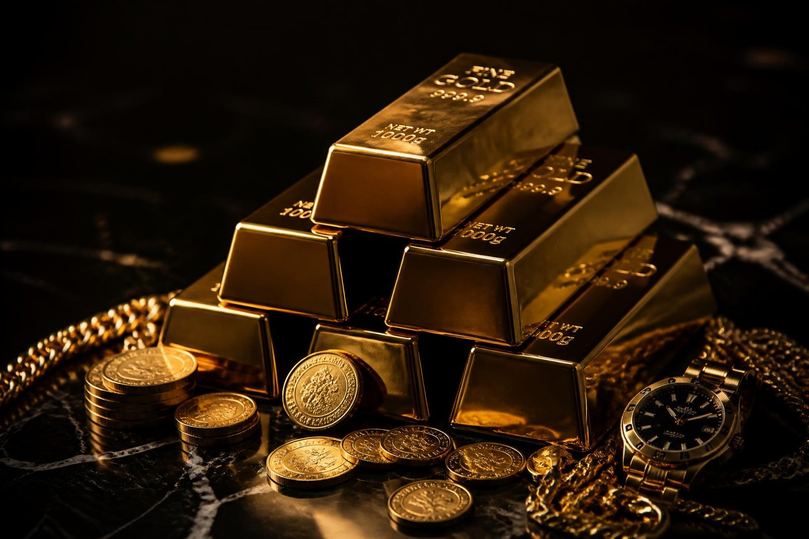 Barras de ouro, moedas e joias sobre mármore negro